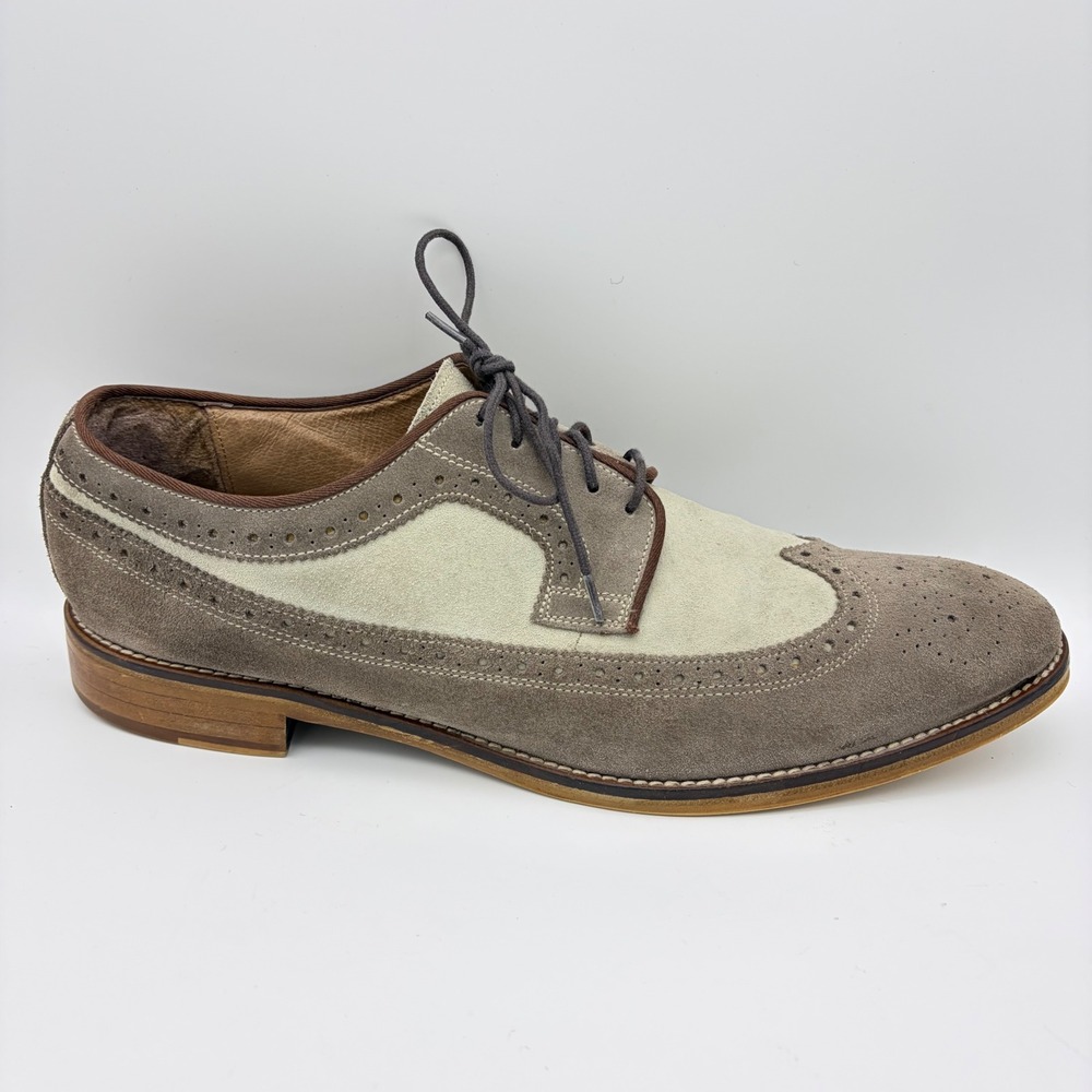 Johnston & Murphy Mens 13 Suede Wingtip Oxford Shoes Taupe Cream Brogue Preppy - Picture 7 of 11